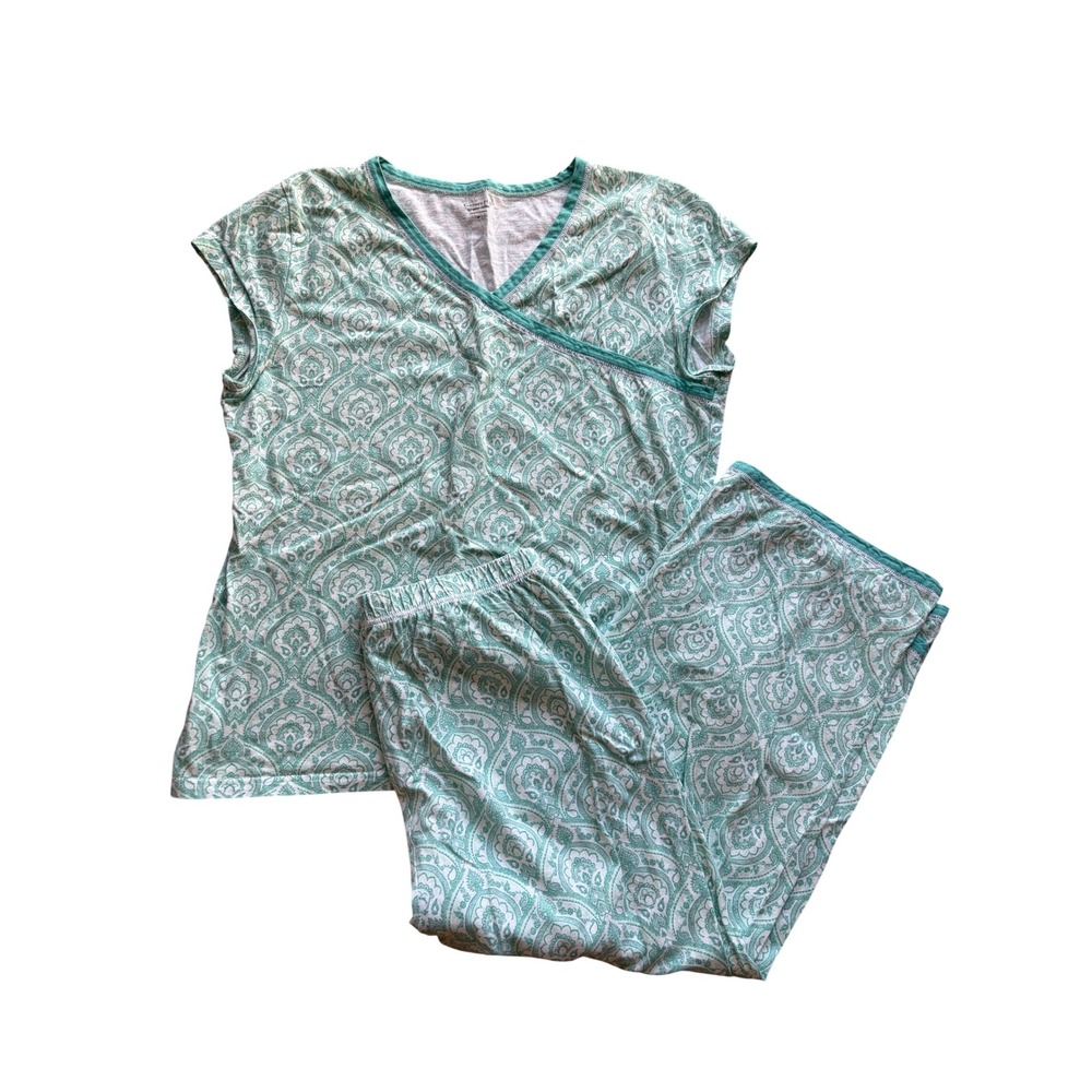 Garnet Hill Womens Green Cotton Knit Pajama Set Damask Paisley Loungewear M